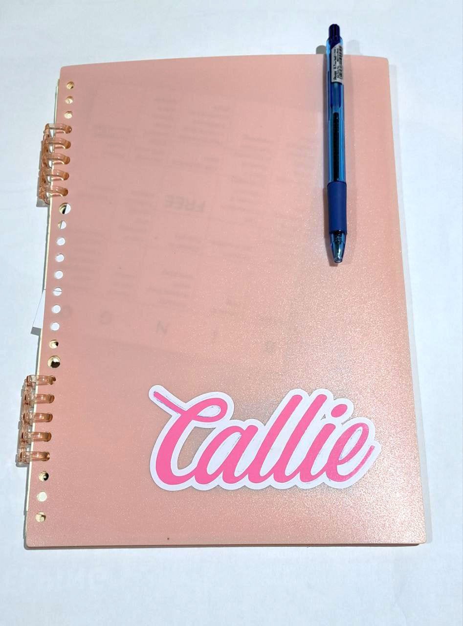 Social Work Day 2025 – What's inside a social worker’s bag 5 A pen and a pink notebook with Callie's name on it.