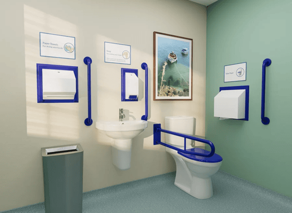 Creating a dementia-friendly home 2 A bathroom with grab bars on walls and beside the toilet bowl.