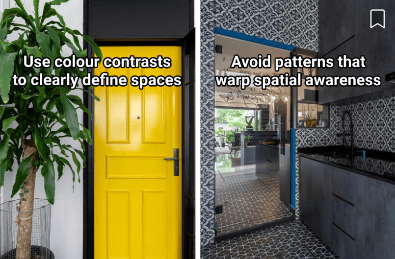 Creating a dementia-friendly home 1 Comparison between a yellow door that clearly contrasts and defines spaces vs a space with confusing tiled patterns