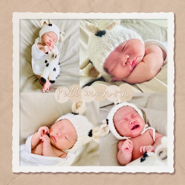 A collage of 4 pictures of Evan's son at his first month photoshoot.