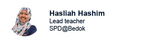 Lead teacher Hasliah Hashim with text on name, designation and centre S P D at Bedok