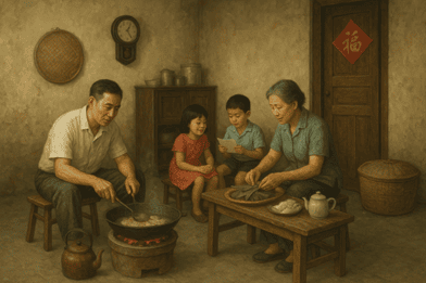 Painting of a family of 4 inside an old flat. A man is cooking using a wok over a charcoal stove, an elderly woman is sorting vegetables and 2 children are reading.