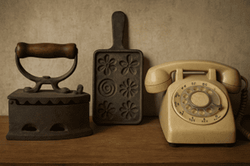 Old household items, including an iron, a cookie mould and a dial telephone