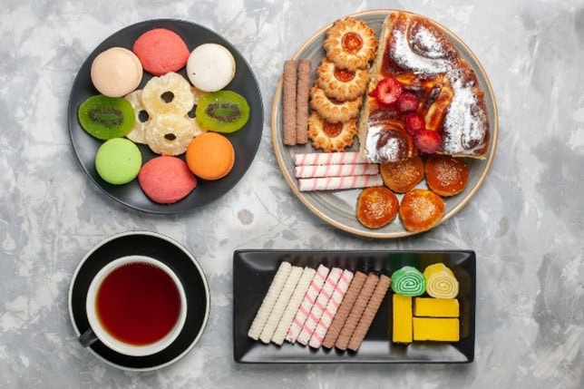 Old school snacks and biscuits of different shapes, sizes and colours