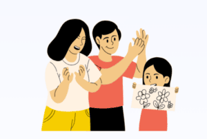 Easing the Weight of Caregiving Stress 4 Parents applauding a child who is showing a picture of flowers and bees that she drew.
