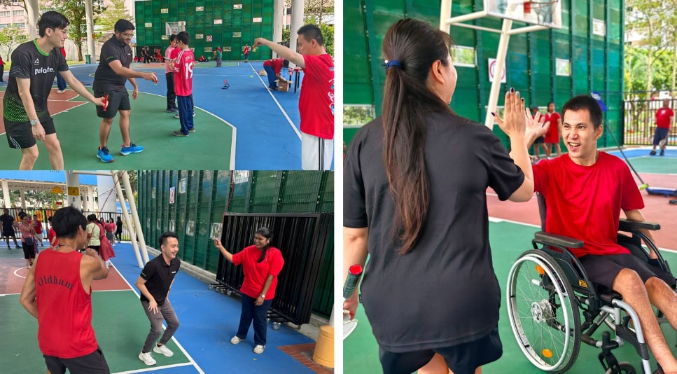 Deloitte staff at a hard court playing badminton and zero point with E S H Tampines clients