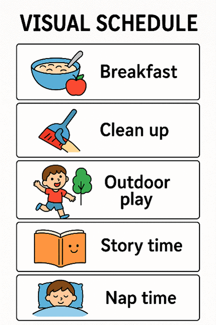 Visual schedule with icons and text for breakfast, clean up, outdoor play, story time and nap time.