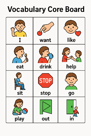 Simple strategies for happier mealtimes 4 Sample of Vocabulary core board including icons and text I, want, eat, drink, out, in.