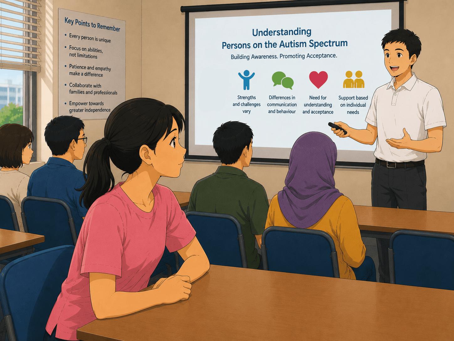 A younger Mdm Goh listening intently in class