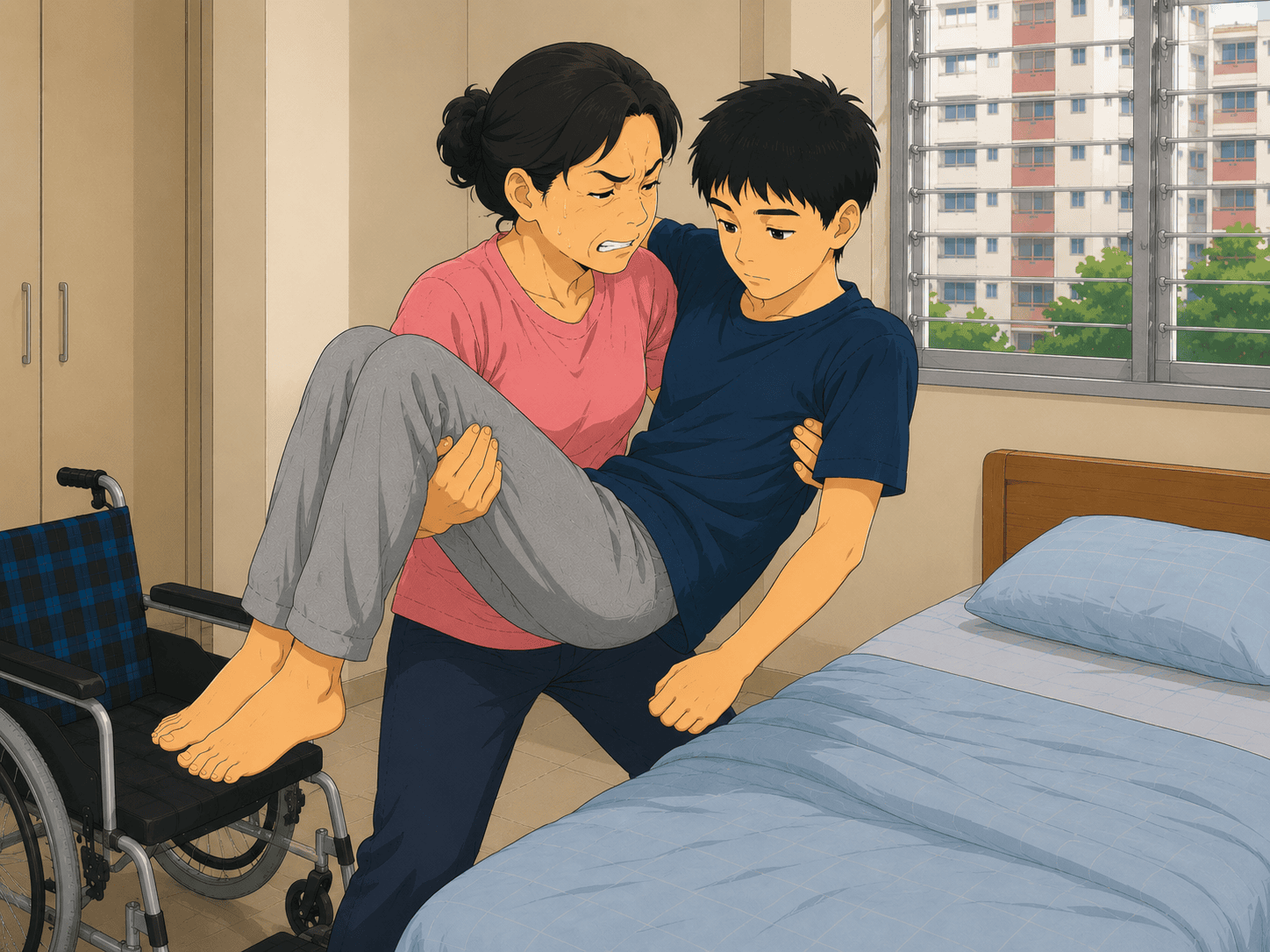 Mdm Goh carrying Elden from his wheelchair to his bed