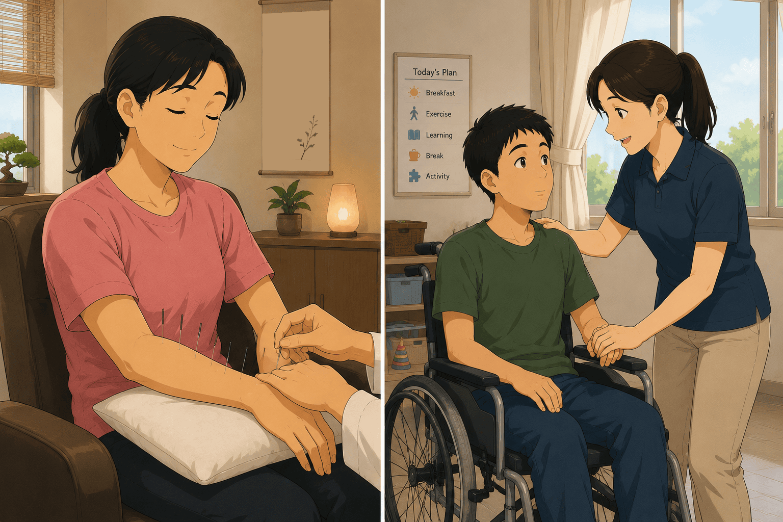 Mdm Goh having acupuncture on her arms as Elden is cared for by a professional