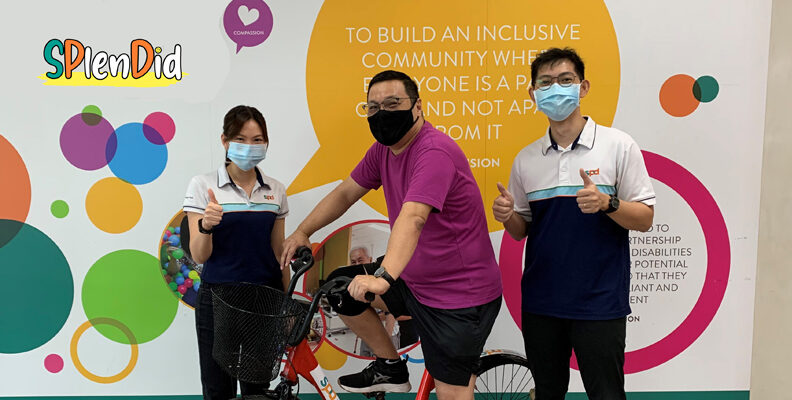 Rayson on a bicycle with 2 TTE therapists beside