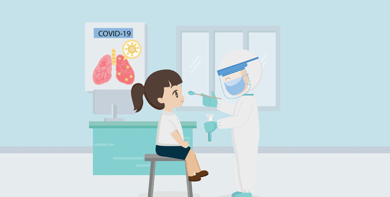 Person in PPE administrating swab test on child