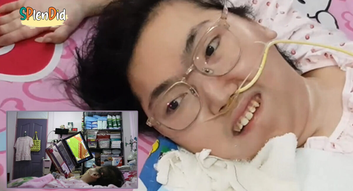 Vivian lying on bed facing her laptop which has farming game on