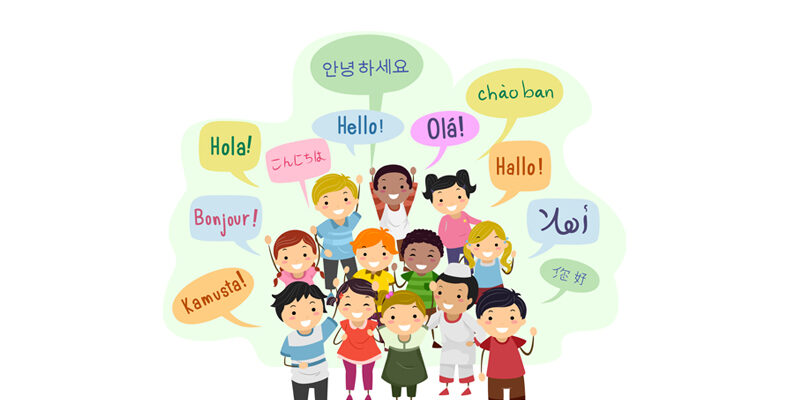 Illustration of a group of children saying hello in different languages