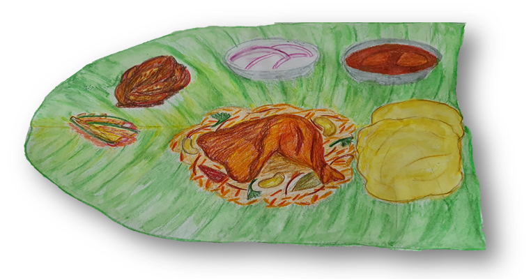 Hand-drawn picture of chicken briyani on a green leaf-shaped plate