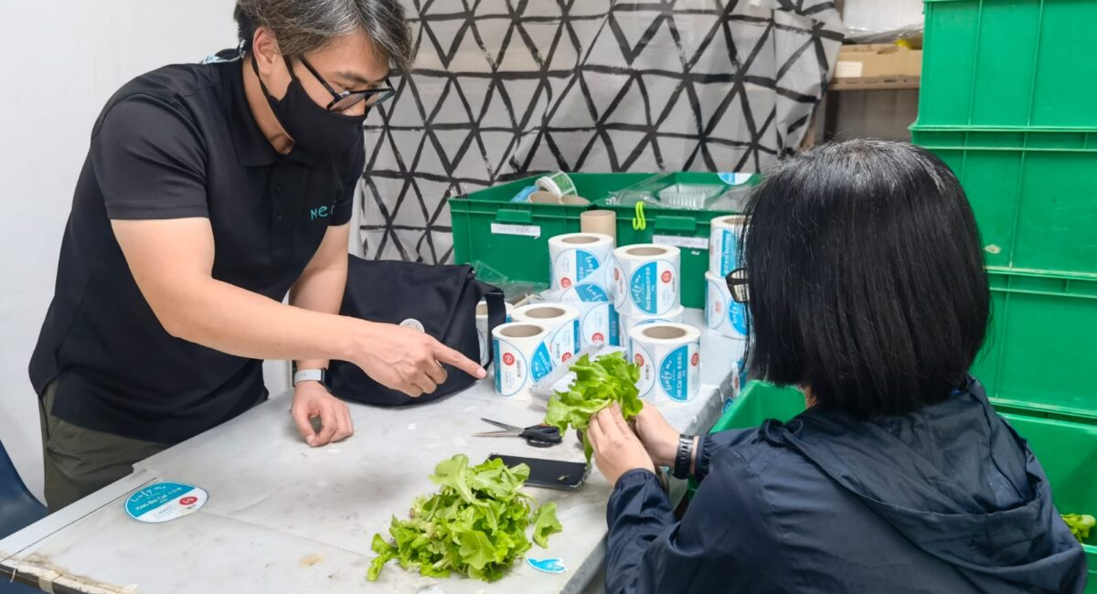 MEOD's sales and marketing manager Daniel pointing at some vegetables to an employee