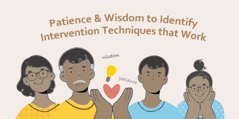 Illustration of Kirisnah's mum, Mr Raj, Kirisnah and Kirisnah's sister. Mr Raj is holding up a heart and light bulb with words patience and wisdom