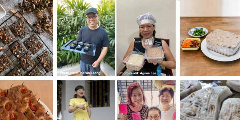 Collage of bakers Kelvin, Agnes, Mdm Koh and Pearl, along with their products