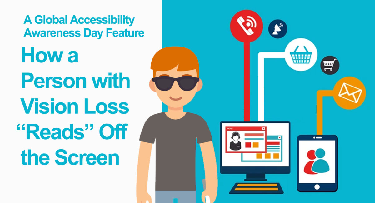 Illustration of a blind person standing beside a laptop and a smartphone