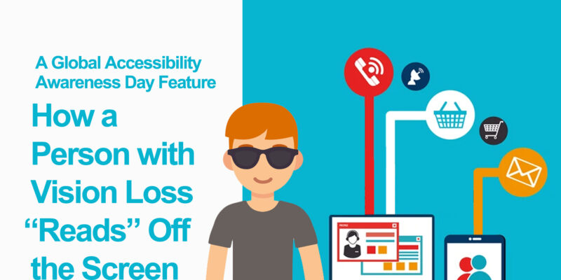 Illustration of a blind person standing beside a laptop and a smartphone