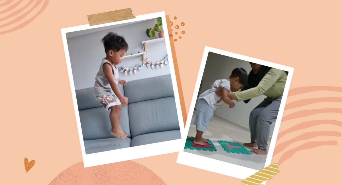 A collage of two images showing a young boy practising jumping skills at home