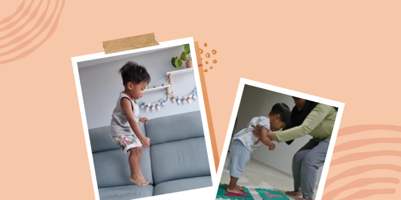 A collage of two images showing a young boy practising jumping skills at home