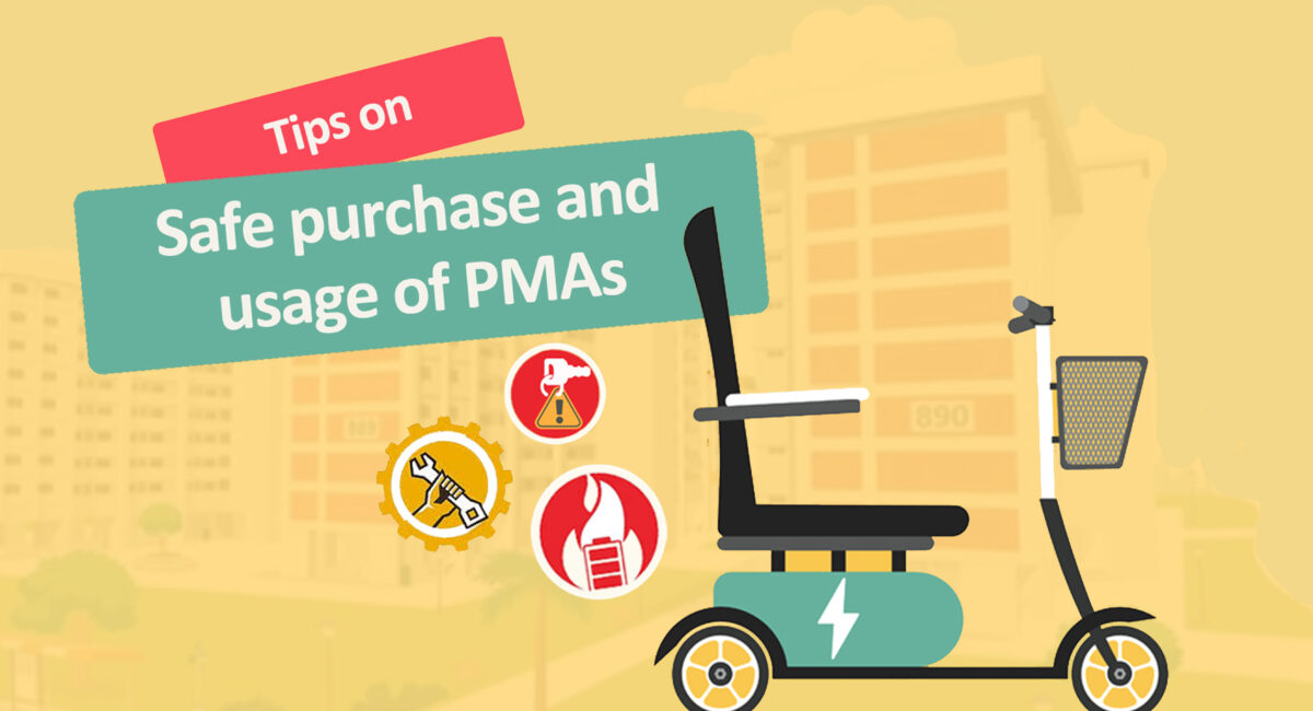Illustration of a P M A, icons of battery fire, fixing and careless driving