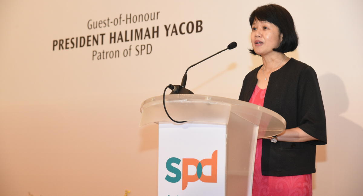 S P D President Ms Ong Toon Hui giving a speech at the Istana