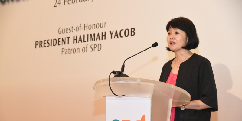 S P D President Ms Ong Toon Hui giving a speech at the Istana