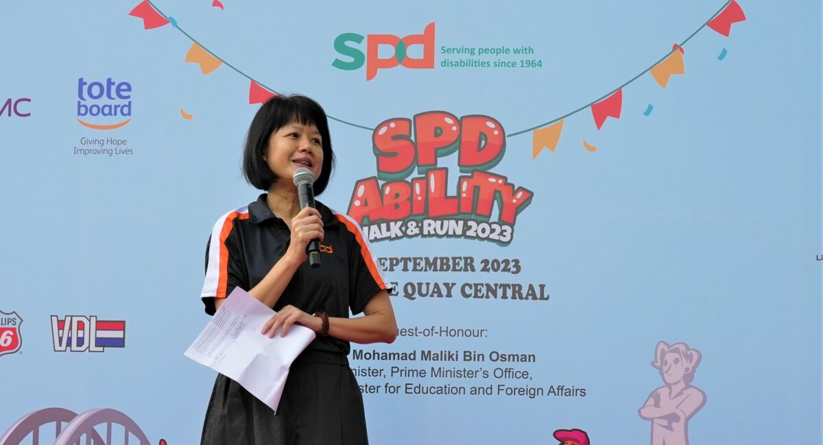 Ms Ong Toon Hui giving a speech at the SPD Ability Walk and Run 2023
