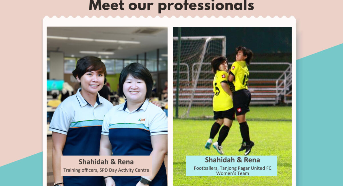 left image is of Shahidah and Rena against the D A C backdrop, right image is of them in yellow jerseys jumping up to block a shot