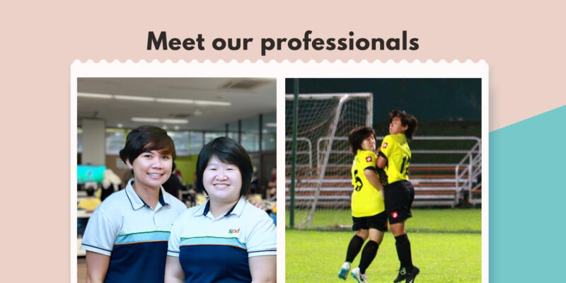left image is of Shahidah and Rena against the D A C backdrop, right image is of them in yellow jerseys jumping up to block a shot