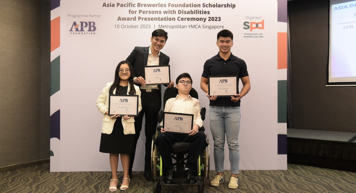 APB Foundation Scholarship recipients Magdelene Tong, Bjorn Ng, Aaron Sim and Marcus Lim