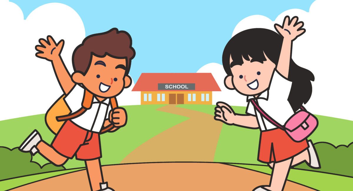 Illustration of a boy and girl, both in school uniform, waving and smiling