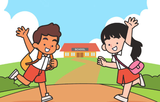 Illustration of a boy and girl, both in school uniform, waving and smiling