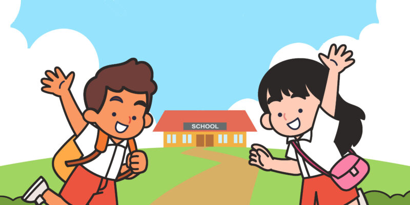 Illustration of a boy and girl, both in school uniform, waving and smiling