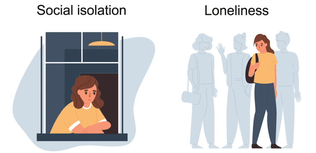 Social isolation represented by a woman looking unhappy sitting at home leaning against her window ledge, loneliness represented by a woman looking unhappy in the middle of 3 people