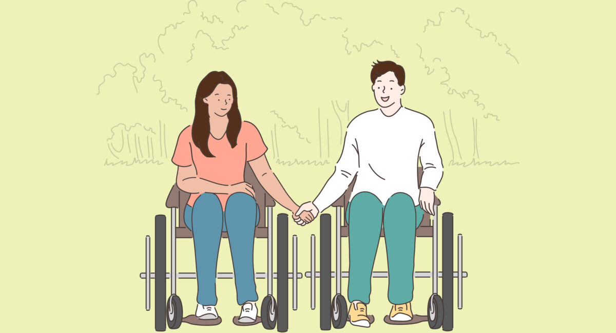 Illustration of a man and woman, both seated on wheelchairs, holding hands