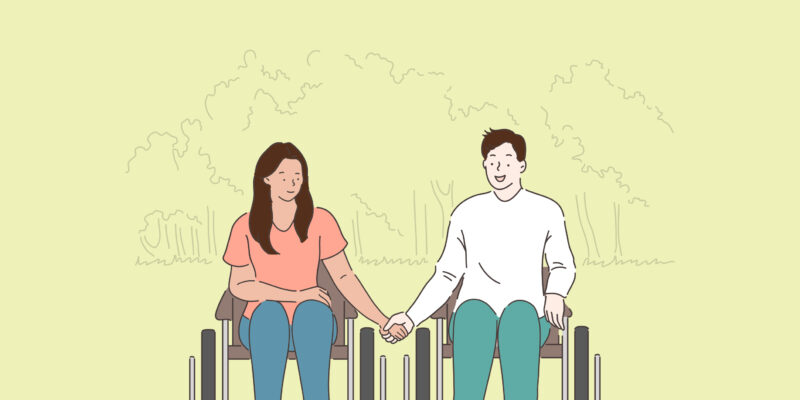 Illustration of a man and woman, both seated on wheelchairs, holding hands