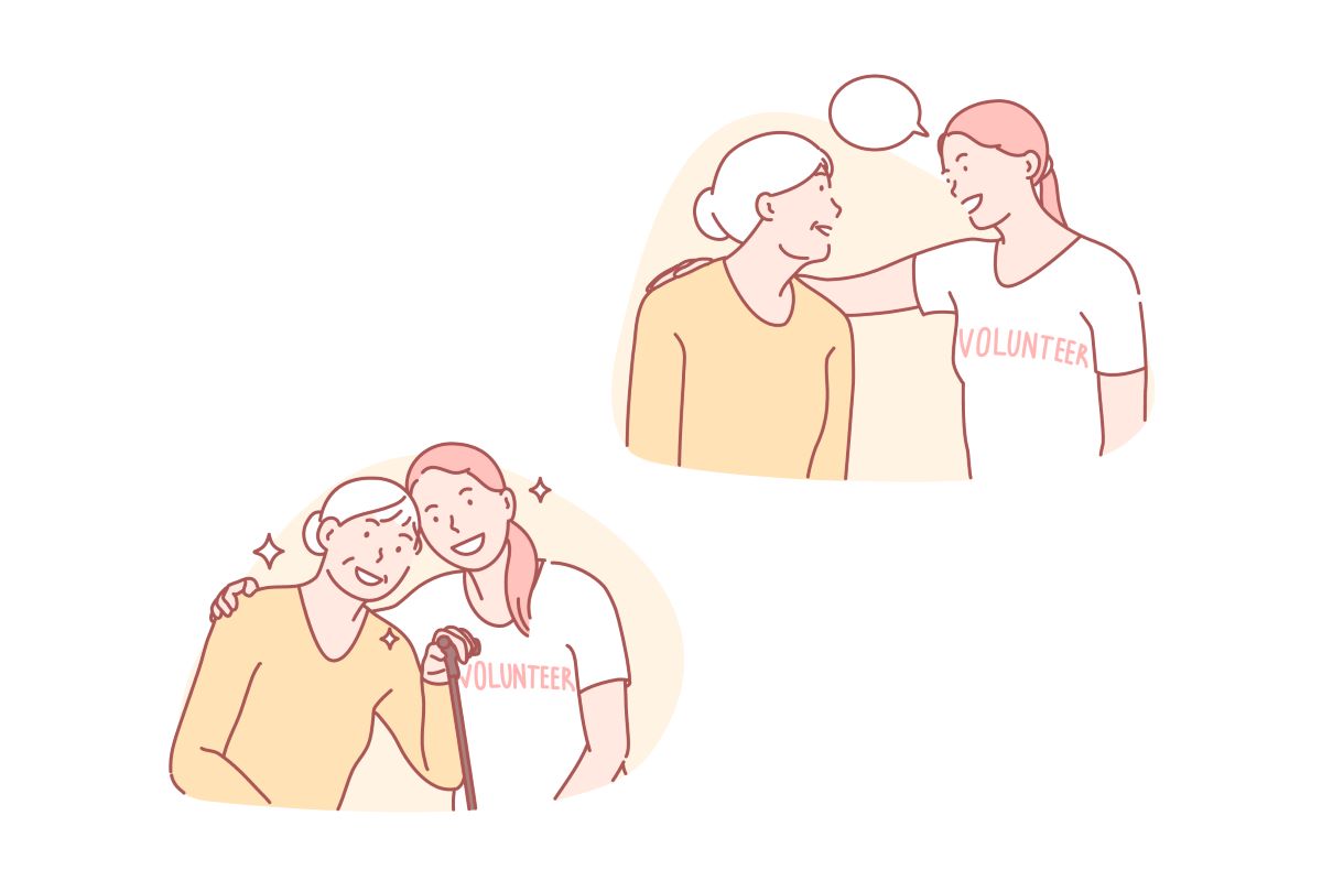 Illustration of a young woman wearing a 'volunteer' t-shirt chatting with an elderly woman