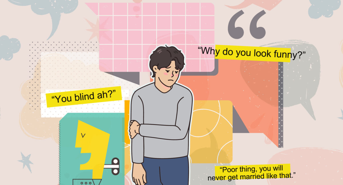 Illustration of a man looking despondent against a backdrop of different speech bubbles and unkind phrases