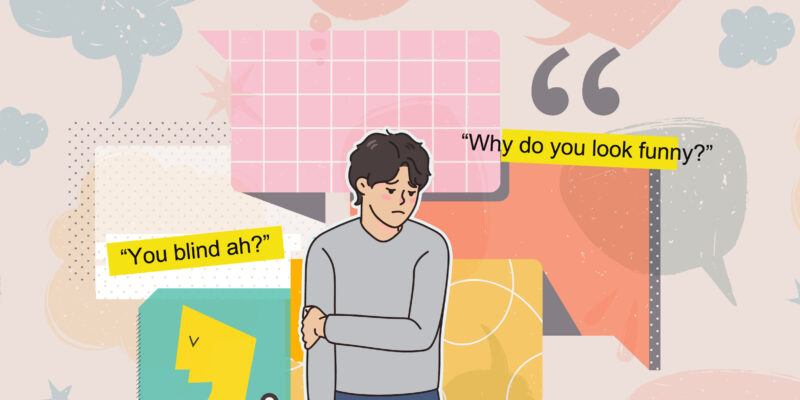 Illustration of a man looking despondent against a backdrop of different speech bubbles and unkind phrases