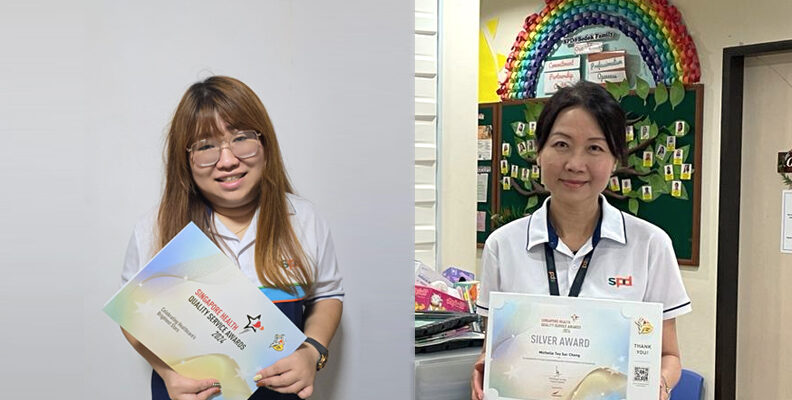 2 pictures joined in one, left of Agnes in SPD uniform holding her certificate, right of Michelle holding her certificate