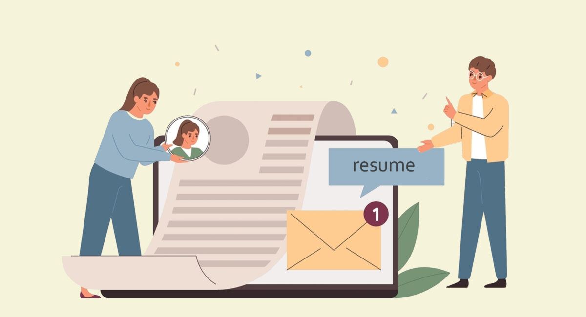 Illustration of a woman looking at a large print resume and a bespectacled man speaking with her