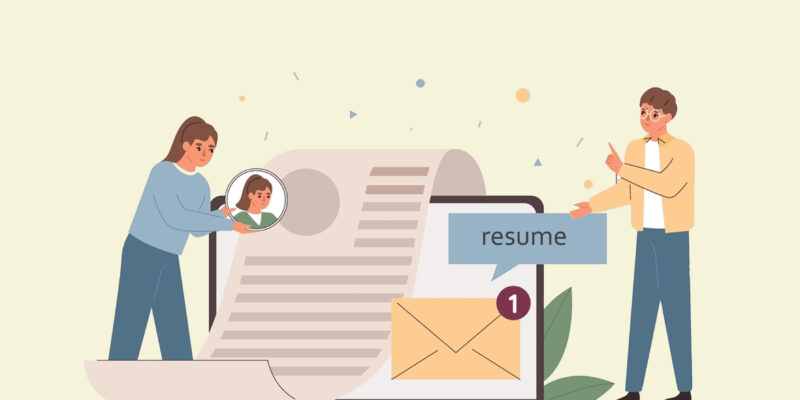 Illustration of a woman looking at a large print resume and a bespectacled man speaking with her