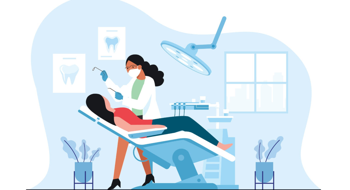 Illustration of a female dentist helping a patient who is lying on a reclined dentail chair