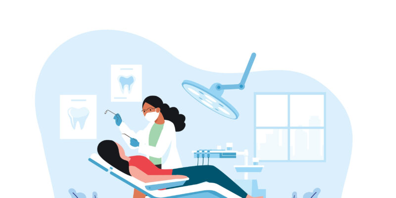 Illustration of a female dentist helping a patient who is lying on a reclined dentail chair