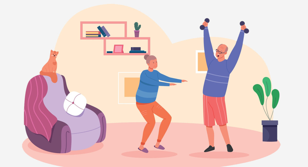 Illustration of an elderly lady doing squats with arms extended to her front and an elderly man lifting small dumbbells above his head