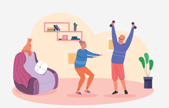 Illustration of an elderly lady doing squats with arms extended to her front and an elderly man lifting small dumbbells above his head
